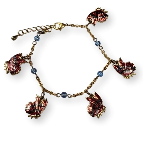 Butterfly Charm Bracelet Colorful Red Blue Enamel Gold Plated Cable Chain Dangle - Picture 1 of 5